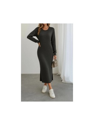 Kadın Uzun Kollu Bisiklet Yaka Yırtmaç Detay Triko Midi Boy Elbise