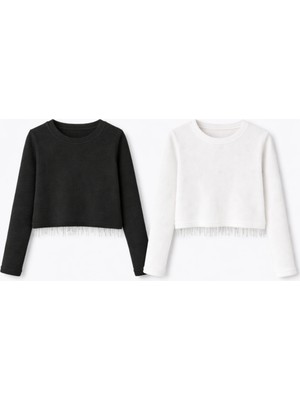 Mini Kanka Kız Çocuk Fitilli Uzun Kollu Crop Bluz 2li – Zincir Detaylı