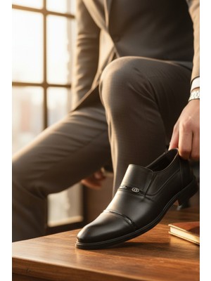 Enoch Hakiki Deri Siyah Klasik Erkek Loafer (Dikişli ve Metal Logolu)