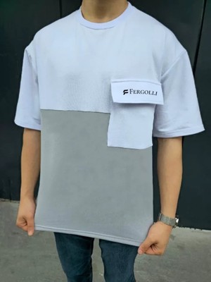 ModaSize Unisex Torba Cep Detaylı Parçalı T-Shirt - Gri