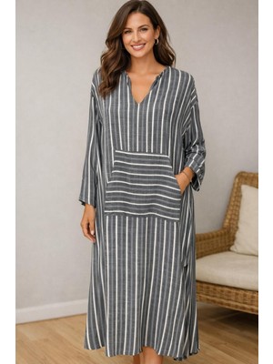 Hayalet Büyük Beden V Yakalı Cepli Viskon Elbise