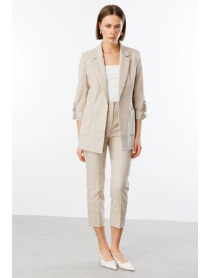 Ekol Kadın Kruvaze Yaka Cepli Bej Ceket 04032