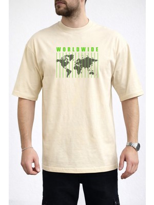 Caddekombin Erkek Yeşil Çizgili Dünya Haritası Baskılı Bisiklet Yaka Bej T-Shirt