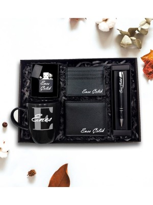 As Gift Kişiye Özel Siyah Kupa & Cüzdan & Çakmak & Kartlık & Kalem Hediye Seti