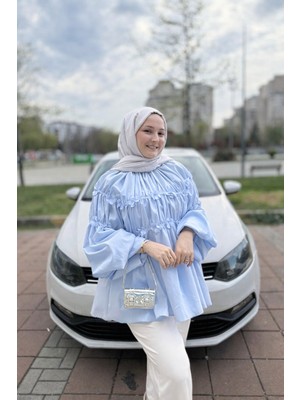 RFK Butik Kadın Balon Kol Çiçek Detaylı Tasarım Bluz Tunik - Mavi