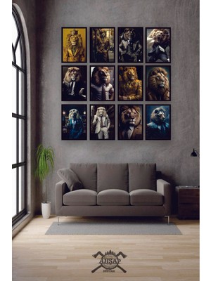 Pi Dekorasyon 12 Parça Aslan Insan Çerçeve Görünümlü Mdf Tablo Duvar Süsü Hediyelik Eşya Aslan Iş Elbise