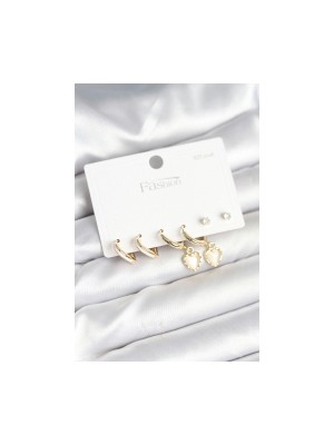 Erbilden Erb Pirinç Gold Renk Kalp Detaylı 925 Ayar Gümüş Çivili Kadın Küpe Seti