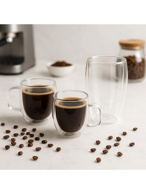 Hype Store Arvale Çift Cidarlı Cam Kupa Ev Ofis Fincanı Isı Yalıtımlı Kulplu Cam Bardak (3'lü My Coffee Set)