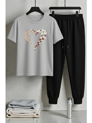 Amor Face Büyük Beden Özel Tasarım Kalbin Kelebekleri Baskılı %100 Pamuk Kısa Kollu Yazlık Kadın Eşofman Takımı