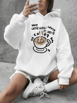 Sıcak Latte Kedi Baskılı Sweatshirtler Kadınlar Için Günlük Bol Kapüşonlu Üstler Kışlık Polar