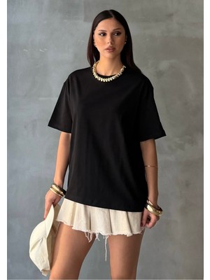 Bejna Kadın Bisiklet Yaka Oversize %100 Pamuklu Basic T-Shirt