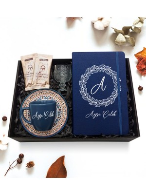 As Gift Kişiye Özel Mavi Defter & Mavi Fincan & Kahve Yanı Cam Su Bardağı & Türk Kahvesi Hediye Seti