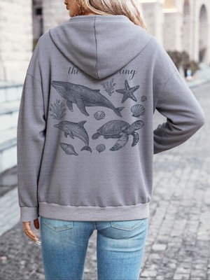 Deniz Çağırıyor Balina Baskılı Kapüşonlu Üstler Kadın Kışlık Polar Sıcak Tişörtü Günlük Cepli