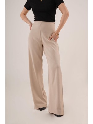 Yeşil Sarmaşık Bol Paça Yandan Fermuarlı Krem Kumaş Pantolon