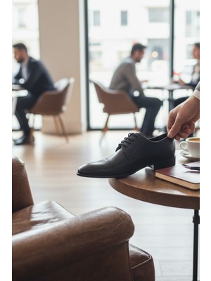 Enoch Hakiki Deri Siyah Düz Burunlu ve Bağcıklı Klasik Erkek Ayakkabı