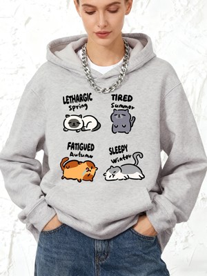 Lethargic Yorgun Uykulu Kedi Baskılı Kapüşonlu Üstler Pamuklu Kadın Sportif Bol Üstler Kışlık