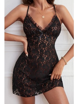 İlkyaz Fashion Ieg™ Kadın Siyah Fırfırlı Tül Detaylı Sırtı Çapraz ve Açık Komple Dantel Gecelik