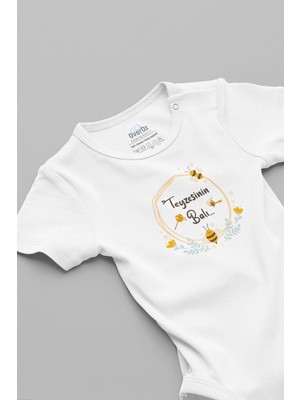 Overoz Teyzesinin Balı Baskılı Kısa Kollu Beyaz Bebek Body Zıbın 5159