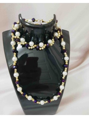 Shine Elagance Inci Aralarda Altın Rengi Boncuk Mor Kristal Boncuk Kapamaları Altın Rengi Çelik Kadın Kolye ve Bileklik Sevgililer Günü Hediyesi