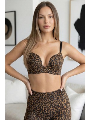 Pijama Evi Wildmocha Silkair Leopar Plunge Toparlayıcı Sütyen - Klasik Askı, Şekillendirici Form