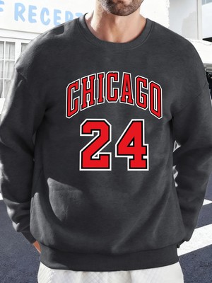 Chicago Number 24 Letter Baskılı Erkek Kazakları Rahat Sokak Modası Polar Sweatshirt Yuvarlak