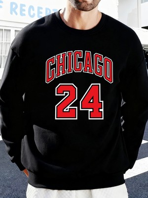 Chicago Number 24 Letter Baskılı Erkek Kazakları Rahat Sokak Modası Polar Sweatshirt Yuvarlak