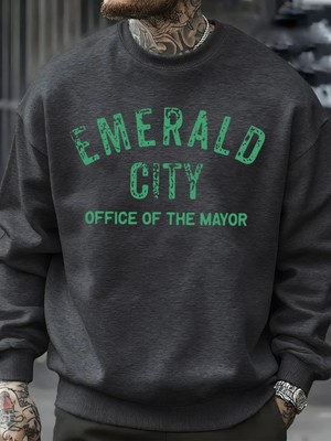 Emerald City Mektup Baskılı Sonbahar Sweatshirt Erkek Trendy Günlük Kazak Polar Bol Giyim Her