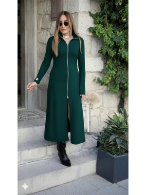 Kadın Uzun Kollu Önden Fermuarlı Ithal Krep Elbise