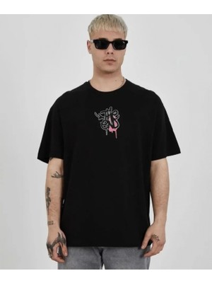 Unisex Bisiklet Yaka Baskılı Oversize T-Shirt - Siyah