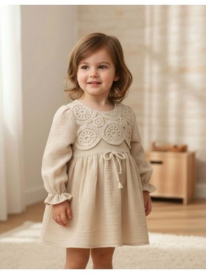Danuna Kids Kız Çocuk Bebek Önü Dantel Işlemeli Uzun Kollu Pamuk ve Tül Astarlı  Pamuklu Müslin Vintage Elbise Bej -Sütlükahve