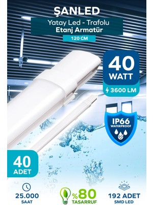 ŞANLED 40W 120 cm Yatay LED Etanj Armatür-Trafolu Beyaz Işık 40 Adet