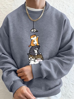 Balık Yakalayan Kediler Baskılı Erkek Kazak Kış Bisiklet Yaka Kapüşonlular Sokak Polar Sıcak