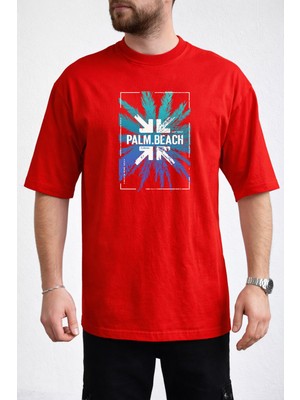 Caddekombin Erkek Turkuaz ve Mavi Palmiye Yaprağı Bisiklet Yaka Kırmızı T-Shirt