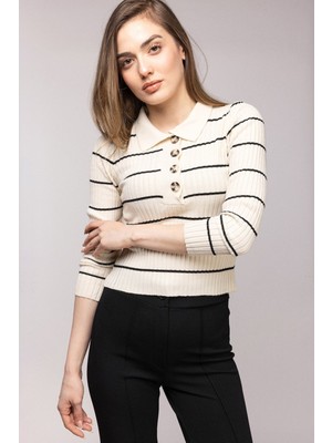 Saade Ekru Çizgili Polo Yaka Düğmeli Fitilli Triko Bluz - Truvakar Kol Std