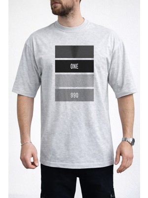 Caddekombin Erkek One Yazılı Konsantrik Çizgi Detaylı Bisiklet Yaka Gri T-Shirt