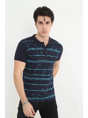 ModaSize Erkek Yakalı Slim Fit Pike Çizgili T-Shirt - Lacivert