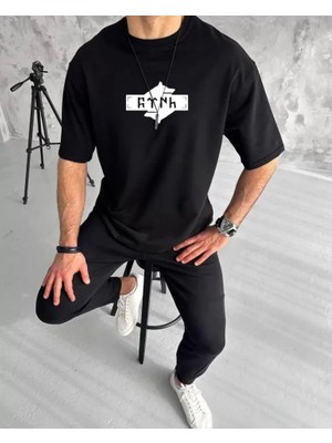 ModaSize Unisex Bisiklet Yaka Baskılı Double Oversize T-Shirt - Siyah