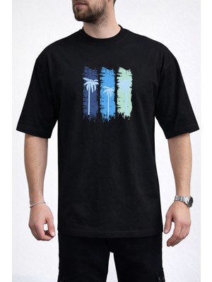 Caddekombin Erkek Üç Blok Palmiye Baskılı Bisiklet Yaka Siyah T-Shirt
