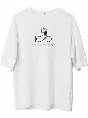 ModaSize Unisex Bisiklet Yaka Baskılı Oversize T-Shirt - Beyaz