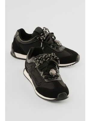 Mubiano Kadın Anorak Sneaker Süet Detaylı Kuş Aksesuarlı Bağcıklı Spor Ayakkabı Aquila Siyah