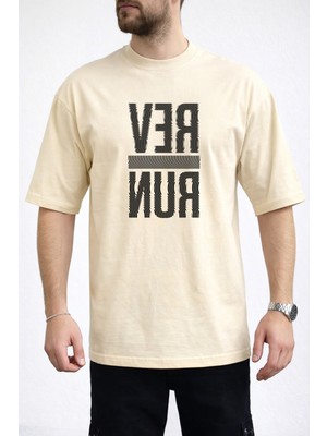 Caddekombin Erkek Run Yazı Baskılı Dalgalı Harf Tasarımlı Bisiklet Yaka Bej T-Shirt