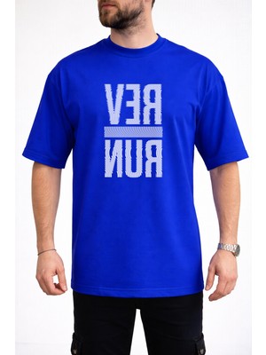 Caddekombin Erkek Run Yazı Baskılı Dalgalı Harf Tasarımlı Bisiklet Yaka Saks Mavi T-Shirt