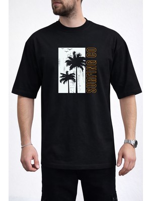 Caddekombin Erkek Palmiye Silüetli Surfing Co Yazı Baskılı Bisiklet Yaka Siyah T-Shirt