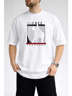 Caddekombin Erkek Born To Be Free Yazı Baskılı Bisiklet Yaka Beyaz T-Shirt