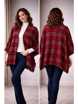 Hayalet Yünlü Soft Kareli Ekose Desen Iskoç Kışlık Panço