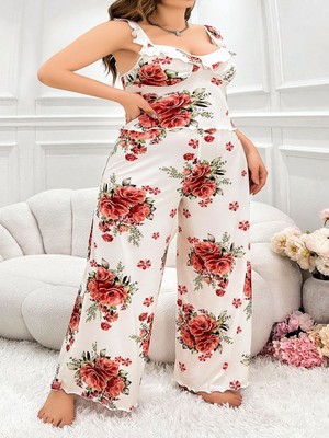 İlkyaz Fashion Ieg™ Büyük Beden Gül Desenli Ince Askılı Beyaz Salaş 2'li Takım