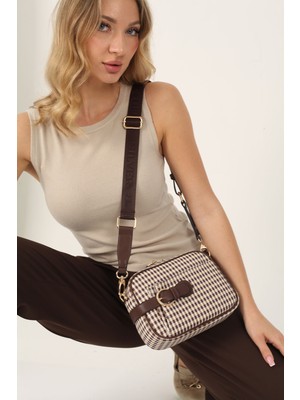 Silver & Polo Silver Polo SP1256 Kadın Çapraz Çanta Ekose Line Kare Kahve Sarı-Kahve