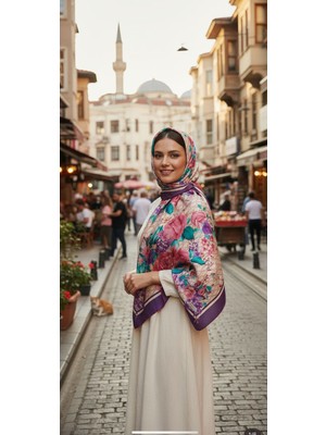 Vavelli Gül Desen Pembe Twill Ipek Eşarp
