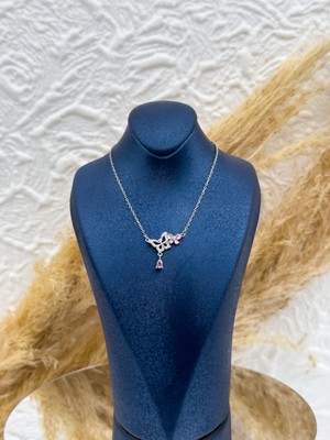 Livora Jewelry 925 Ayar Gümüş Pembe Kuvars Taşlı Kelebek Motifli Kadın Kolye