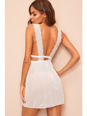 İlkyaz Fashion Ieg™ Kadın Beyaz Dantelli Sırtı Açık Gecelik